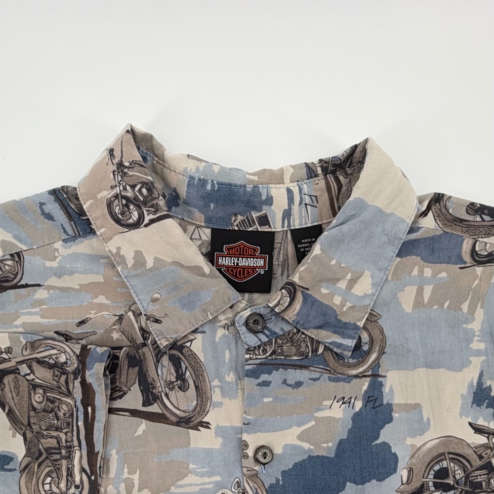 Harley-Davidson Blue and Beige vintage over all Motorcycle models Shirt Men’s L